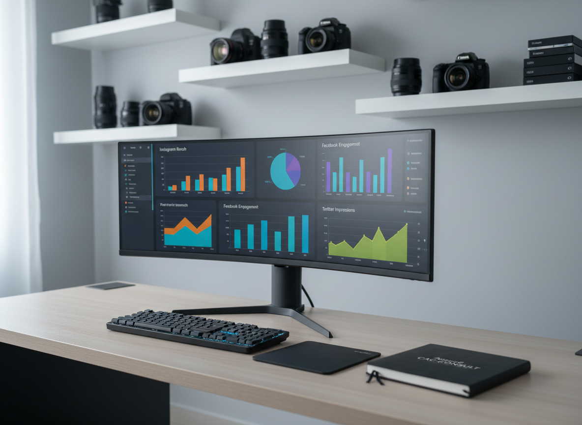 A sleek, modern workstation dedicated to social media strategy, featuring a large ultra-wide monitor displaying colorful analytics dashboards for multiple platforms, a slim black keyboard, and a branded notebook embossed with “Agence CAC-CONSULT” on a matte wooden desk. The space is framed by minimalistic shelves holding neatly arranged cameras, lenses, and external drives. Soft daylight enters from an unseen side window, creating gentle reflections on the screen and subtle shadows along the desk edges. Shot at eye level with a shallow depth of field, the focus is on the tools of digital communication. The photographic realism, clean composition, and cool, professional color palette convey precision, expertise, and strategic focus.