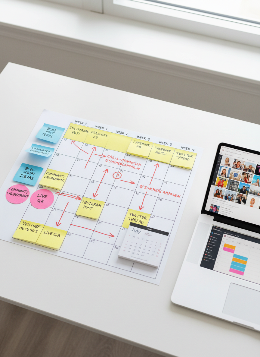 A close-up, overhead view of a meticulously organized content planning board on a smooth white tabletop, filled with color-coded sticky notes labeled with post ideas, calendars, and arrows linking campaigns across major social networks. Beside the board lies a tablet showing a social media grid preview and a slim silver laptop with an open content calendar. Natural, diffused daylight from above creates soft, even lighting, enhancing legibility and detail. The composition follows the rule of thirds, with the planning board dominating the frame and devices acting as supporting elements. Photographic realism, crisp focus, and a restrained, professional color scheme evoke methodical planning, creativity, and structured community management.