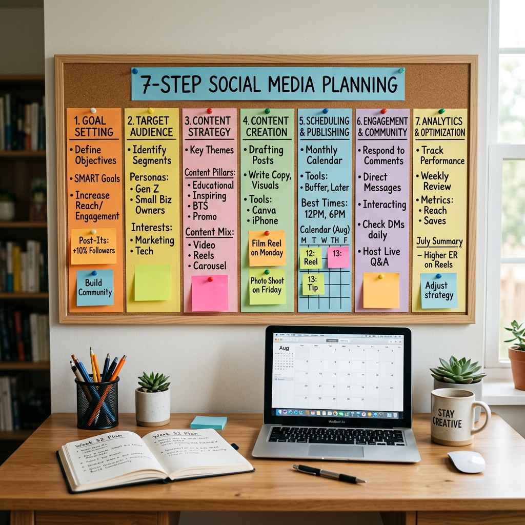 7-step social media planning steps on colored paper pinned to corkboard above desk
