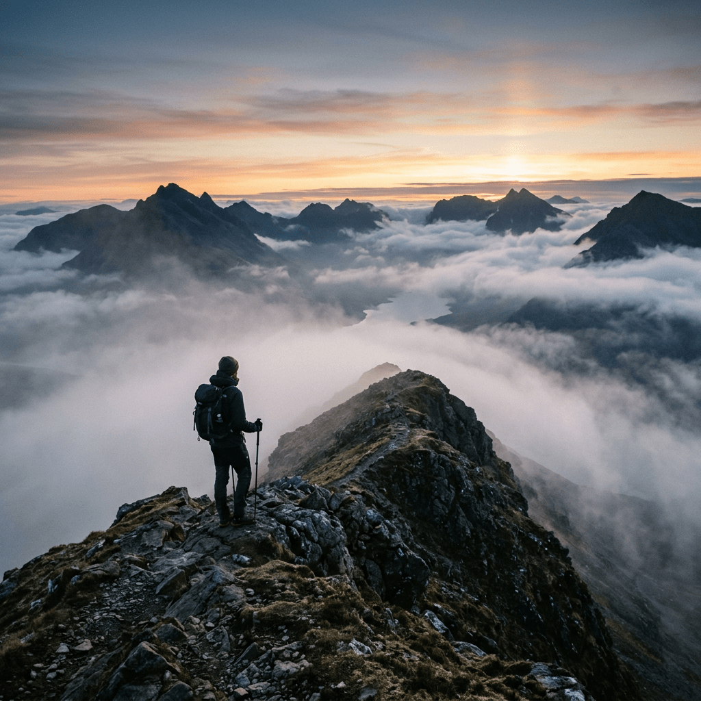 Hiker standing on a rocky mountain ridge above clouds at sunrise